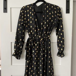 Boutique faux black wrap dress w/ gold polka dots